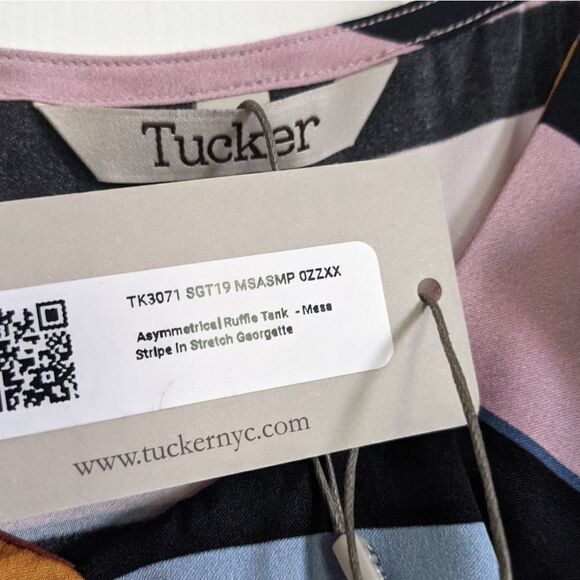 Tucker Assymetical Ruffle Tank Top Mesa Stripe in Stretch Georgette Silk Blouse - Picture 3 of 6